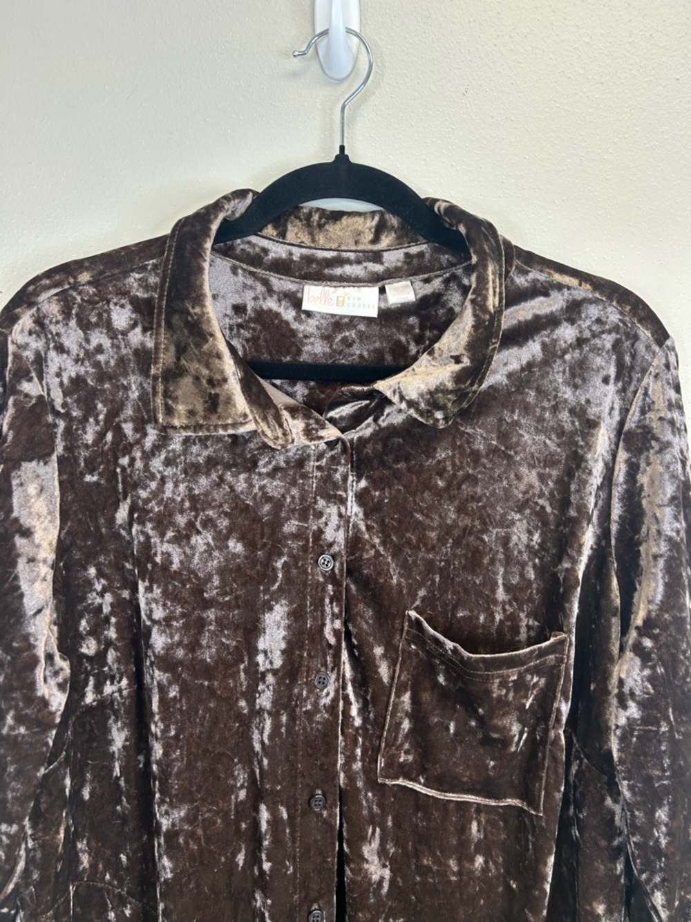 Crushed Velvet Button Up Shirt Size 1X Taupe Brown Boho Artsy Retro Whimsigoth - Picture 4 of 14